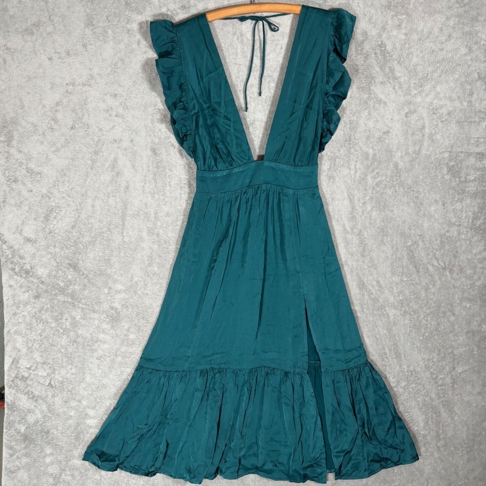Stillwater The Jesse Midi Dress Emerald Green Ruffle Deep V-Neck Open Back S NEW